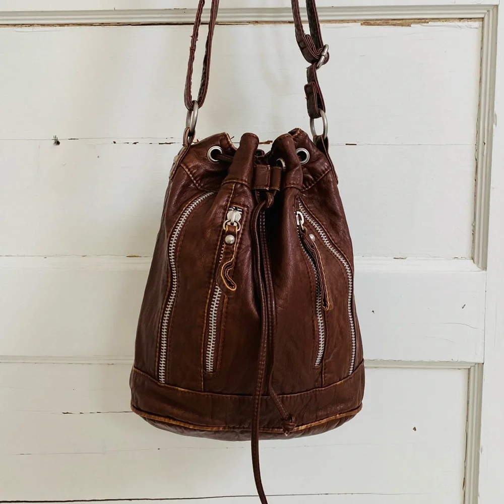 Faux leather bucket bag with zipper detail